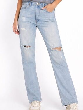 Zara Woman Premium Button Fly Distressed Denim in Light Blue Size 6
